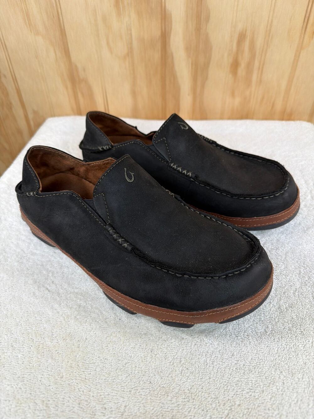 OluKai Moloa Black Toffee Leather Slip-On Loafers Men’s Shoes Size 9.5